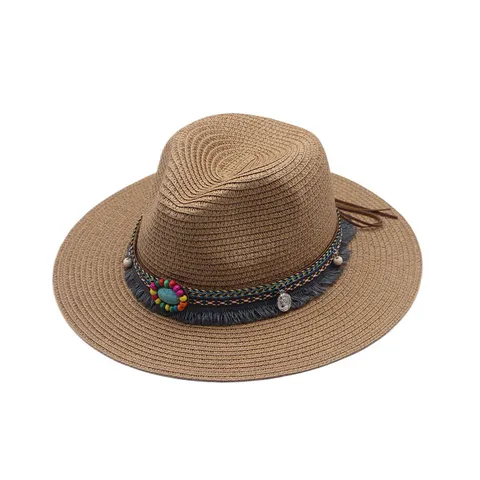Chapeau de Paille Ethnique Vintage Avec Bandeau à Glands Perlés Pour Hommes Femmes Protection Solaire Large Bord Panama Fedora Plage Jazz Chapeau de Soleil