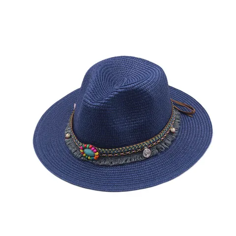Chapeau de Paille Ethnique Vintage Avec Bandeau à Glands Perlés Pour Hommes Femmes Protection Solaire Large Bord Panama Fedora Plage Jazz Chapeau de Soleil