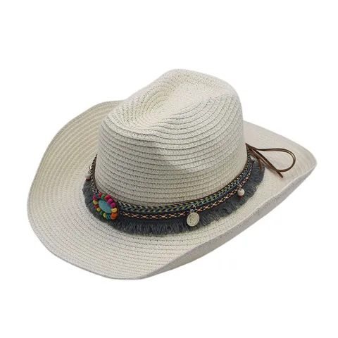 Western Cowboy Straw Hat Women Men Ethnic Beaded Sun Hat Wide Brim Summer Beach Fedora Tassel Outdoor Boho Sunshade Hat