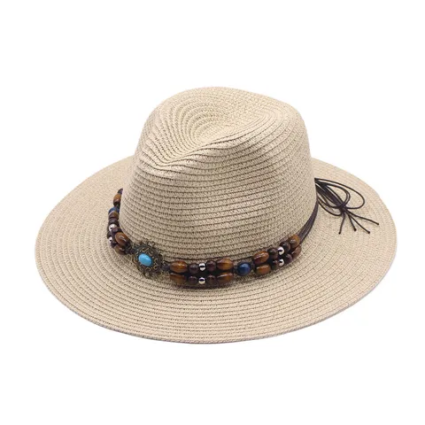 Boho Strohhut Für Damen Breite Krempe Sonnenschutz Fedora Hut Vintage Perlenkette Quaste Strand Urlaub Sommerhut