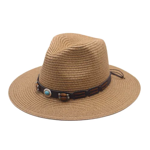 Chapeau de Paille à Large Bord Unisexe Rétro Fedora Protection Solaire Plage Panama Avec Bande en Cuir Bohémienne Perles en Bois pour Voyage Extérieur