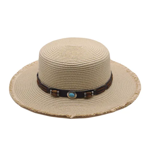 Women Men Summer Flat Top Straw Hat Frayed Wide Brim Sun Hat With Beads Leather Band Boho Beach Travel Outdoor Fedora Hat