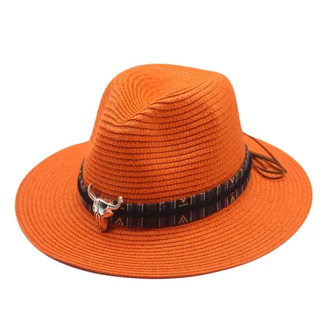 Ethnic Straw Western Cowboy Hat Vintage Woven Fedora Sun Hat With Bull Head Metal Pendant Sunshade Beach Hat For Unisex Vacation