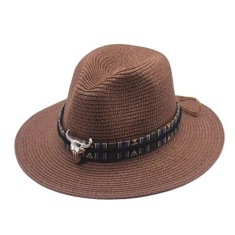 Ethnic Straw Western Cowboy Hat Vintage Woven Fedora Sun Hat With Bull Head Metal Pendant Sunshade Beach Hat For Unisex Vacation