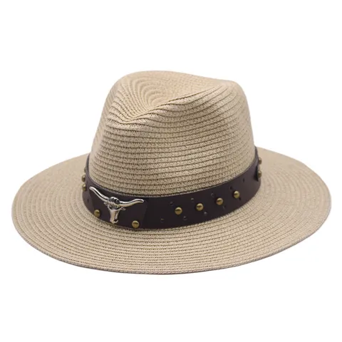 Chapeau de Paille Western Unisexe Fedora Panama Grand Bord Chapeau de Soleil Avec Bandeau en Cuir Rivet Tête de Taureau pour Plage Vacances