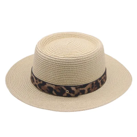 Sombrero de Paja para Mujer Protección Solar Cinta de Leopardo Ala Ancha Copa Plana Playa Vacaciones Verano