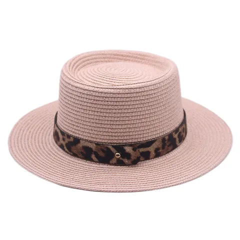 Sombrero de Paja para Mujer Protección Solar Cinta de Leopardo Ala Ancha Copa Plana Playa Vacaciones Verano