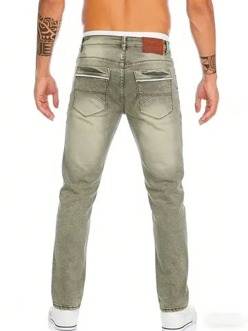 Pantaloni Jeans Uomo Slim Straight Retrò in Misto Cotone Elasticizzati Distressed Lavati Con Patch in Pelle Casual