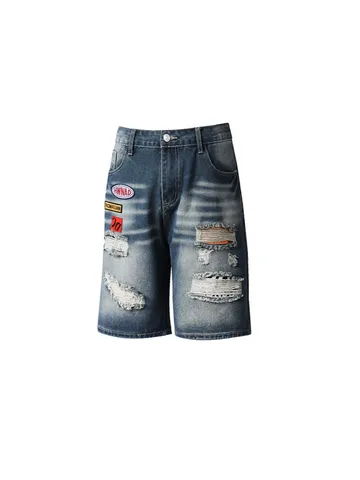Pantaloncini di Jeans Strappati American Streetwear da Uomo Ricamati Lavati Vestibilità Larga Lunghezza Ginocchio Pantaloni in Cotone