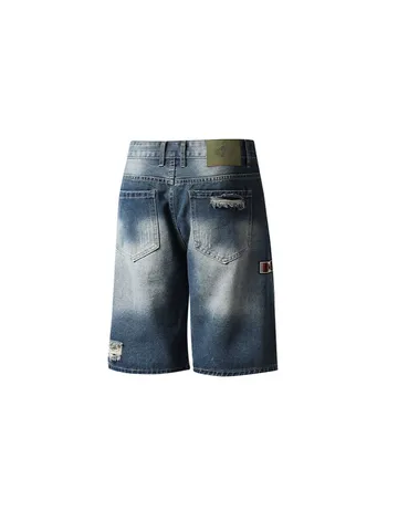 Pantaloncini di Jeans Strappati American Streetwear da Uomo Ricamati Lavati Vestibilità Larga Lunghezza Ginocchio Pantaloni in Cotone
