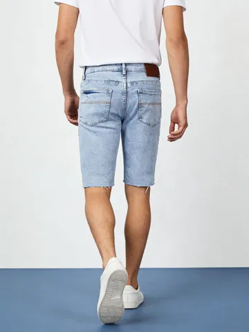 Pantaloncini di Jeans Strappati da Uomo Elasticizzati Blu Chiaro Jeans al Ginocchio Casual Lavati in Cotone