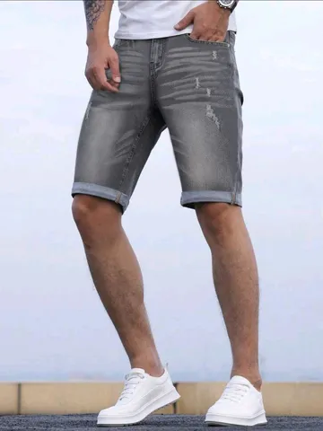 Pantaloncini di Jeans Uomo Retro Grigio Consumati Casual Gamba Dritta Elasticizzati Lavati a Cinque Punti Estate Streetwear Moda Pantaloncini