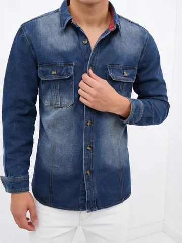 Camicia in Denim Lavato da Uomo a Maniche Lunghe in Cotone Casual Colletto a Punta Bottoni Tasche sul Petto Giacca Urban