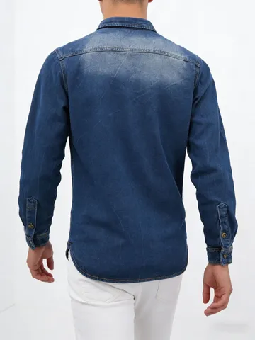 Camicia in Denim Lavato da Uomo a Maniche Lunghe in Cotone Casual Colletto a Punta Bottoni Tasche sul Petto Giacca Urban