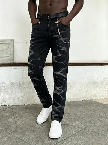 Pantaloni Lunghi da Uomo in Denim Stretch a Gamba Dritta Con Motivo Tie-Dye Lavaggio Street Style per Moda Streetwear Casual Quotidiana