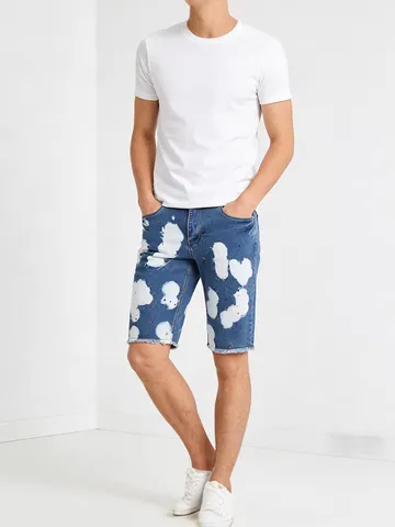 Pantaloncini di Denim Lavato Elasticizzati da Uomo Pantaloni Casual a Cinque Punti a Gamba Dritta con Stampa a Schizzi e Orlo Sfilacciato Abbigliamento Estivo