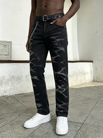 Pantaloni Lunghi da Uomo in Denim Stretch a Gamba Dritta Con Motivo Tie-Dye Lavaggio Street Style per Moda Streetwear Casual Quotidiana