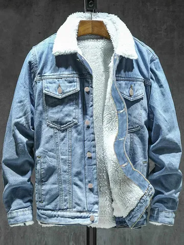 Giacca di Denim Invernale da Uomo Imbottita Fodera in Pile Ispessita Blu Lavato Casual Rever Monopetto Top