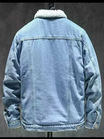Giacca di Denim Invernale da Uomo Imbottita Fodera in Pile Ispessita Blu Lavato Casual Rever Monopetto Top