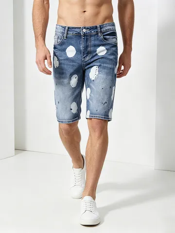 Pantaloncini di Jeans con Stampa a Schizzi Moda Uomo Estate Casual Streetwear Vestibilità Dritta in Cotone Stretch Blu Chiaro