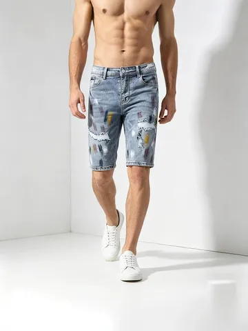 Pantaloncini di Jeans Uomo con Macchie Inchiostro Stretch Taglio Dritto Cotone Stampato Pantaloncini Distressed per Estate Casual Streetwear