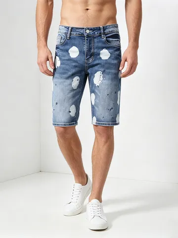 Pantaloncini di Jeans con Stampa a Schizzi Moda Uomo Estate Casual Streetwear Vestibilità Dritta in Cotone Stretch Blu Chiaro