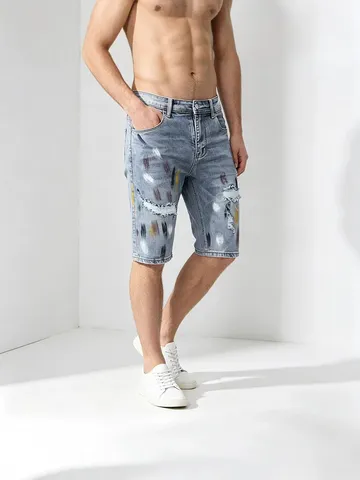 Pantaloncini di Jeans Uomo con Macchie Inchiostro Stretch Taglio Dritto Cotone Stampato Pantaloncini Distressed per Estate Casual Streetwear