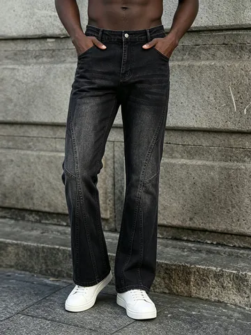 Jeans Dritti Patchwork Retro Americano da Uomo Streetwear High Street Distressed Lavati Pantaloni Denim Elasticizzati Casual Fashion Hip Hop