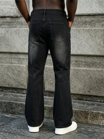 Jeans Dritti Patchwork Retro Americano da Uomo Streetwear High Street Distressed Lavati Pantaloni Denim Elasticizzati Casual Fashion Hip Hop