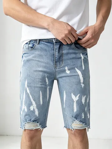 Pantaloncini di Jeans Uomo Casual Blu Chiaro Strappati Stampa a Macchie Vestibilità Aderente Jeans al Ginocchio Cotone Estivi