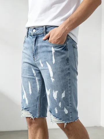 Pantaloncini di Jeans Uomo Casual Blu Chiaro Strappati Stampa a Macchie Vestibilità Aderente Jeans al Ginocchio Cotone Estivi