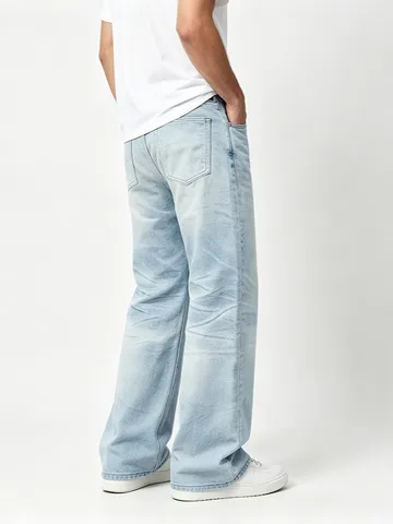 Pantaloni Jeans da Uomo Casual Lavaggio Blu Chiaro Gamba Dritta in Cotone Denim con Effetto Baffo Streetwear Stile Quattro Stagioni
