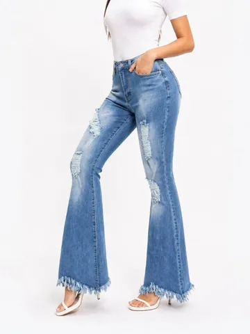 Jeans a Campana Strappati a Vita Alta da Donna Pantaloni in Denim Lavato Elasticizzati Con Orlo Sfilacciato Pantaloni a Zampa Slim Fit Vintage