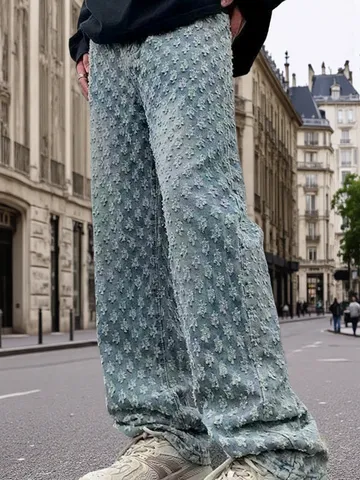Jeans da Uomo High Street Larghi a Gamba Dritta Lavati retrò Americano Distressed Motivo a Croce Pantaloni in Denim Cotone Casual