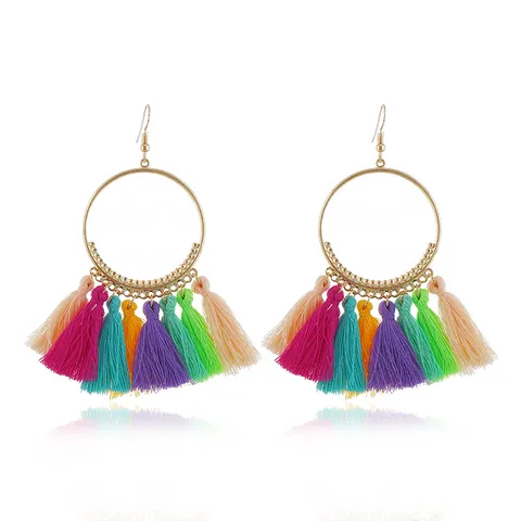 Boho Quasten Ohrringe Große Kreise Fransen Hänger Handgefertigt Edelstahl Stift Künstliche Perle Schmuck Für Damen