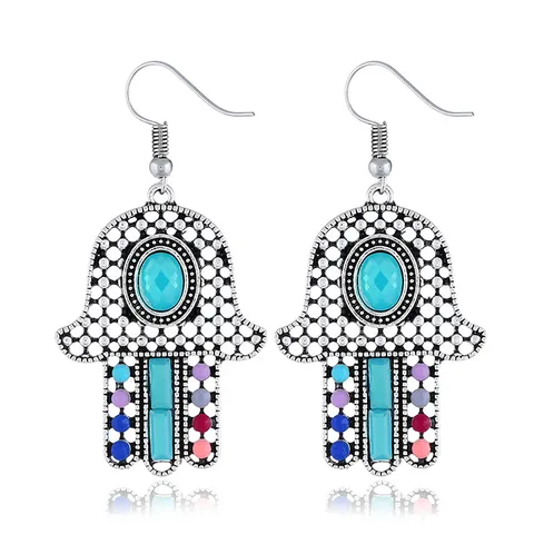 Boho Vintage Übertrieben Hand Der Fatima Ohrhänger Legierung Strass Bunte Perlen Haken Ohrringe Für Damen Ethnischen Schmuck Geschenk