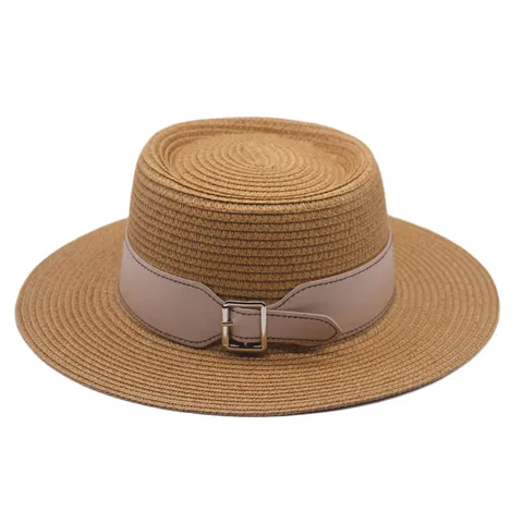 Women Flat Top Straw Hat Summer Beach Sun Hat Outdoor Vacation Wide Brim Panama Fedora With PU Leather Belt Buckle Decoration