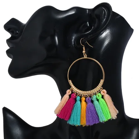 Boho Quasten Ohrringe Große Kreise Fransen Hänger Handgefertigt Edelstahl Stift Künstliche Perle Schmuck Für Damen