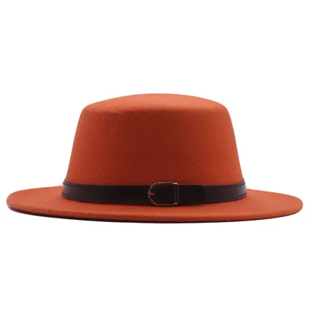 Mode Lässig Einfarbig Wollstoff Baumwollmischung Flache Krone Breite Krempe Fedora Jazz Hut Mit Ledergürtelschnalle Für Herbst Winter Outdoor Erwachsene Herren Damen
