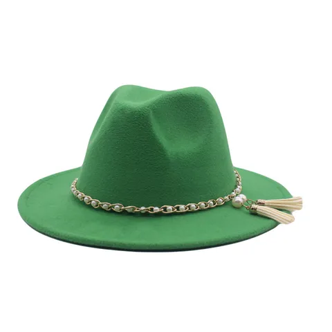 Eleganter Polyester Fedora Hut Mit Breiter Krempe Kette Künstliche Perlen Quaste Mode Jazz Hut Geschenk Für Unisex