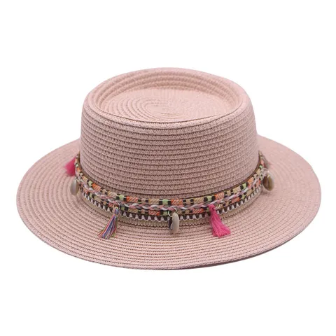 Boho Strohhut Breite Krempe Flache Krone Sonnenschutz Strandhut Mit Ethno Webband Quaste Muschel Deko Für Unisex Urlaub