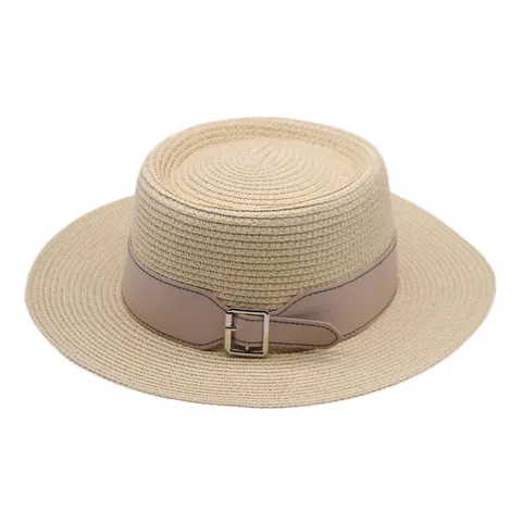 Women Flat Top Straw Hat Summer Beach Sun Hat Outdoor Vacation Wide Brim Panama Fedora With PU Leather Belt Buckle Decoration