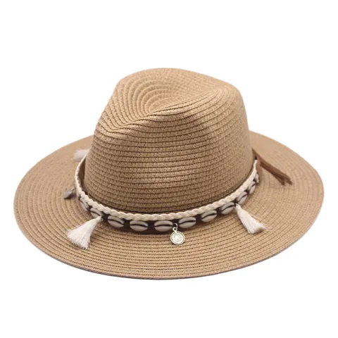 Retro Western Cowboy Strohhut Für Damen Herren Britischer Stil Breite Krempe Sonnenhut Mit Muschel Quaste Dekoration Sommer Strandhut