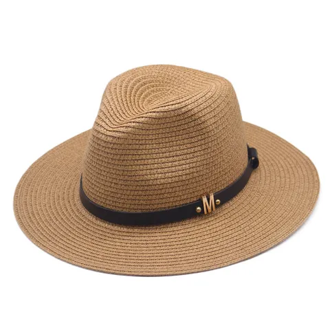 Mode Strohhut Sonnenhut Damen Herren Metallbuchstabe M Dekoration Breite Krempe Panama Fedora Strand Sommer Reise Strohhut