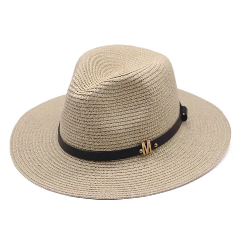 Mode Strohhut Sonnenhut Damen Herren Metallbuchstabe M Dekoration Breite Krempe Panama Fedora Strand Sommer Reise Strohhut