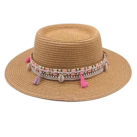 Boho Strohhut Breite Krempe Flache Krone Sonnenschutz Strandhut Mit Ethno Webband Quaste Muschel Deko Für Unisex Urlaub