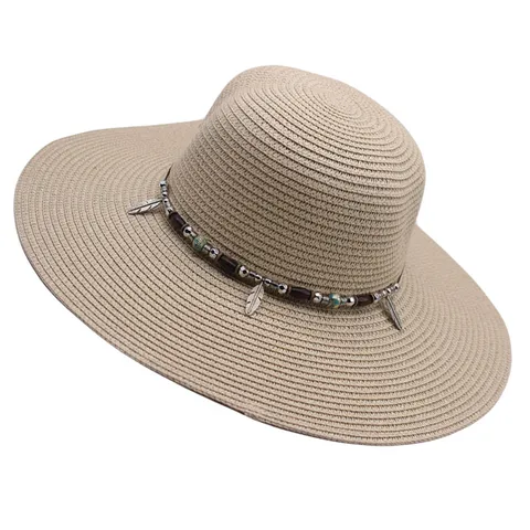 Chapeau de Paille Soleil Femme Large Bord Pare-soleil Plage Casquette Avec Perles en Bois Plume en Métal Bande Été Chapeau de Paille pour Extérieur Voyage