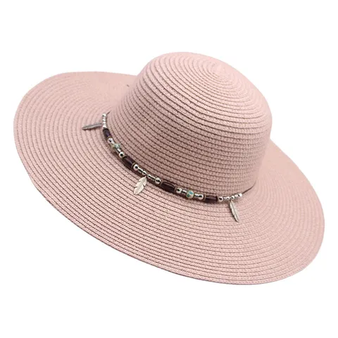 Chapeau de Paille Soleil Femme Large Bord Pare-soleil Plage Casquette Avec Perles en Bois Plume en Métal Bande Été Chapeau de Paille pour Extérieur Voyage