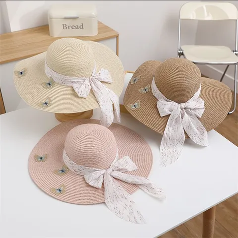 Women Summer Sun Straw Hat Large Brim Sun Protection Beach Cap With Floral Ribbon Bow And Butterfly Embroidery Vacation Hat