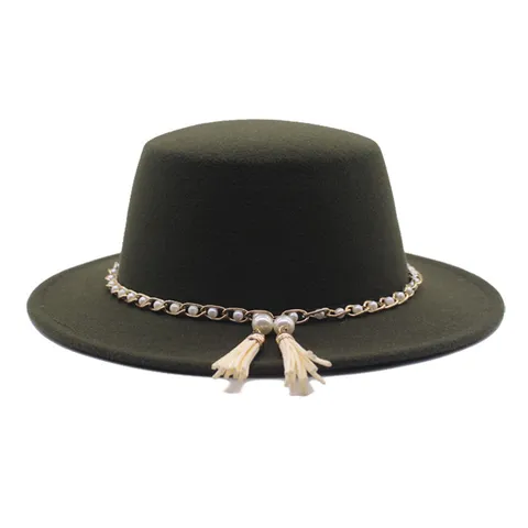 Damen Vintage Britischer Wollfilzhut Breite Krempe Flach Oben Jazz Hut mit Perlenkette und Quasten Accessoires